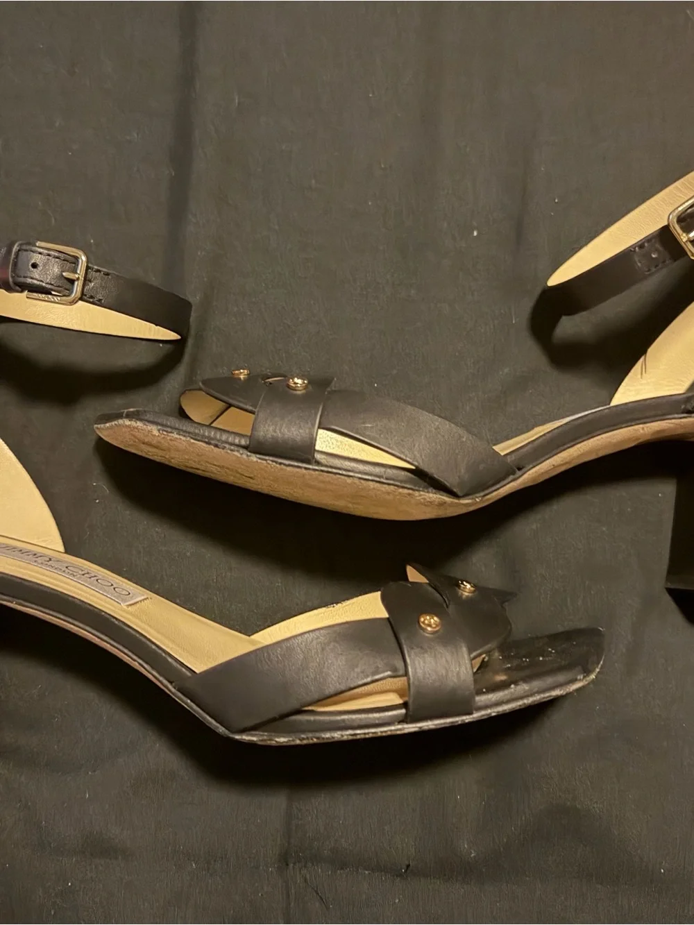 Jimmy Choo Black Leather Ankle-Strap Heels with Gold Studs